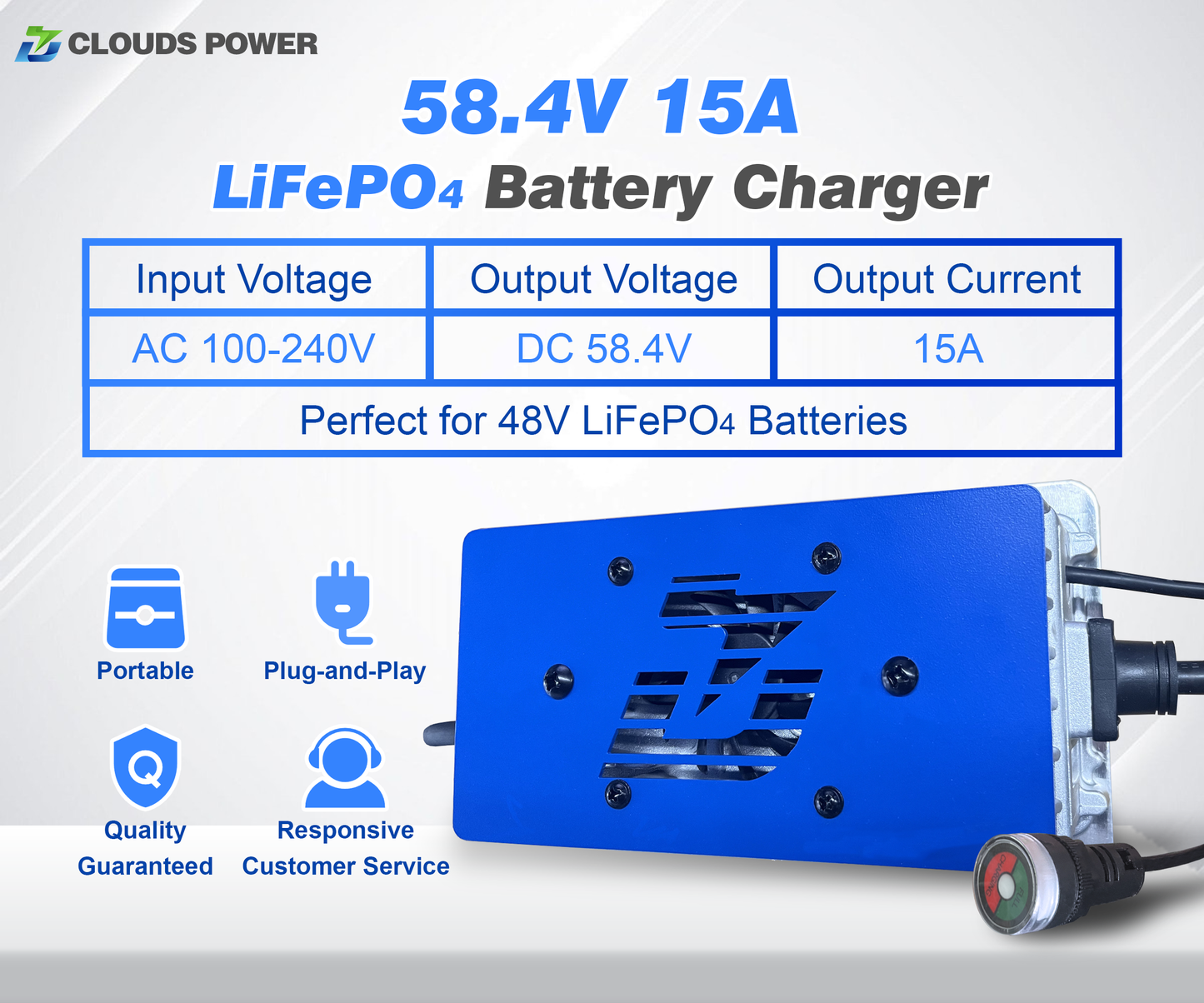 58.4V 15A LiFePO4 battery charger with specifications on a white background