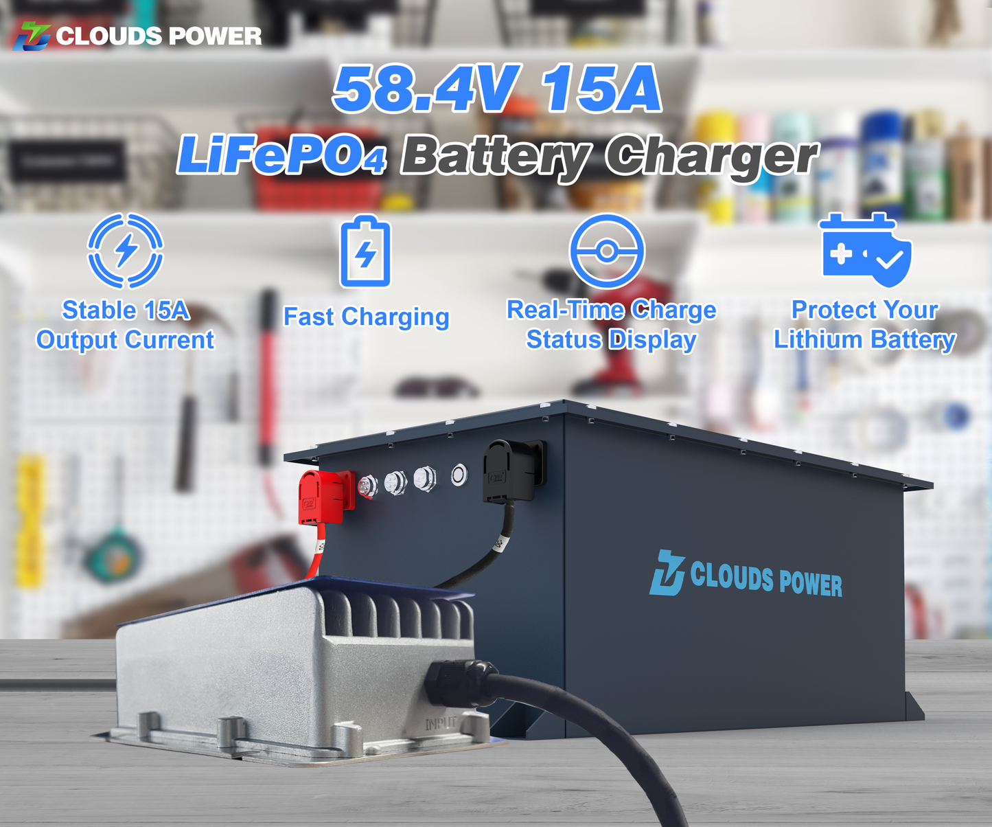 Clouds Power 48v LiFePO4 battery charger with features highlighted on a blurred workshop background