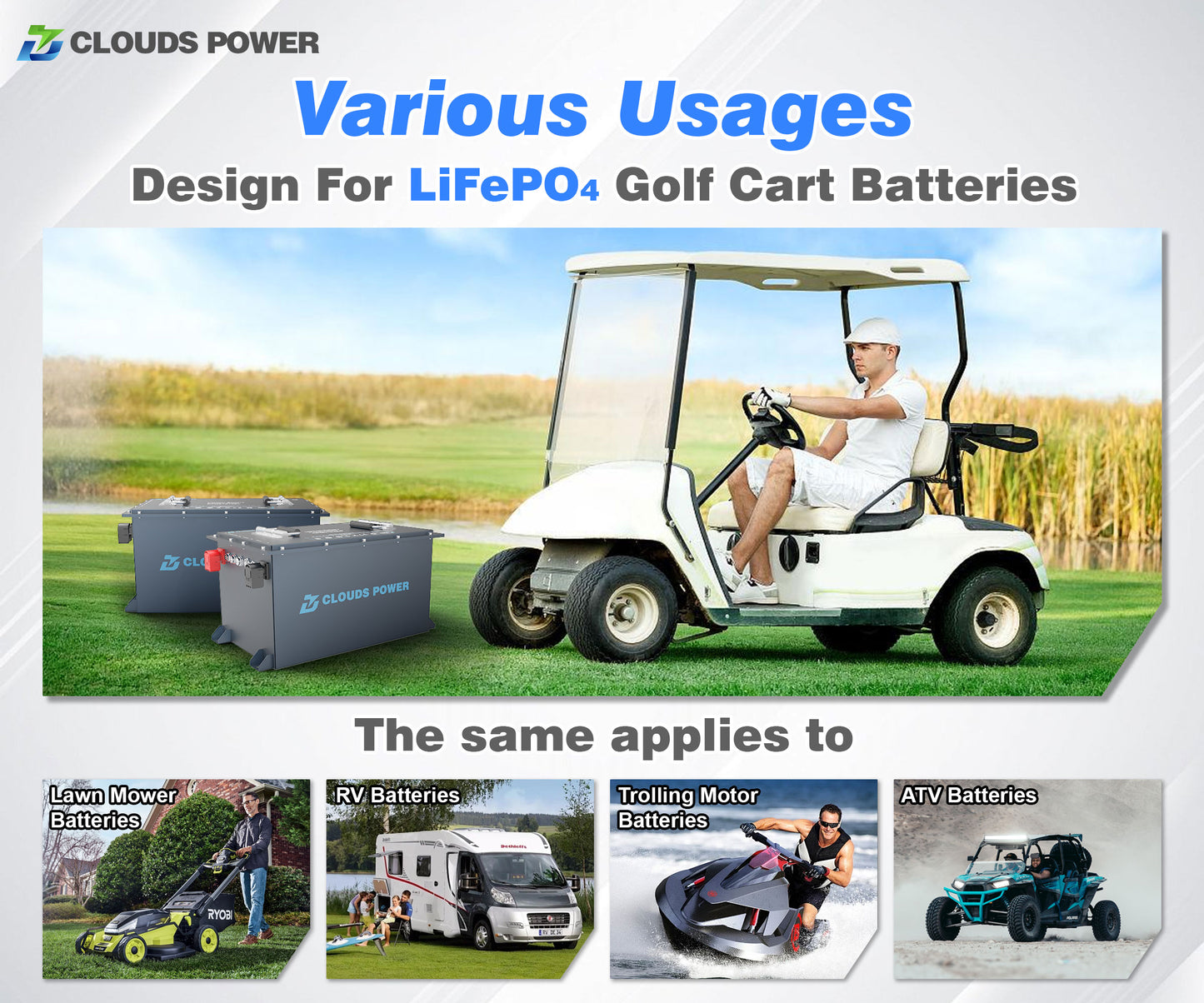 Golf cart battery charger with LiFePO4 batteries on a grassy field, showcasing various uses including lawn mower, RV, trolling motor, and ATV batteries