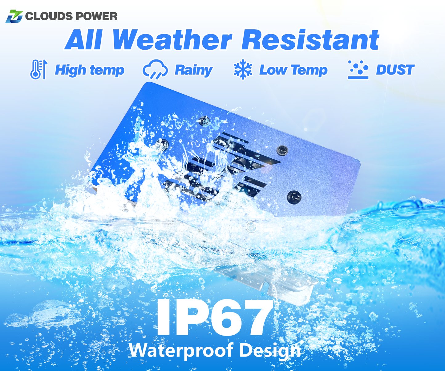 48v lithium battery charger with waterproof design features, including high temperature, rain, low temperature, and dust resistance, on a blue background.