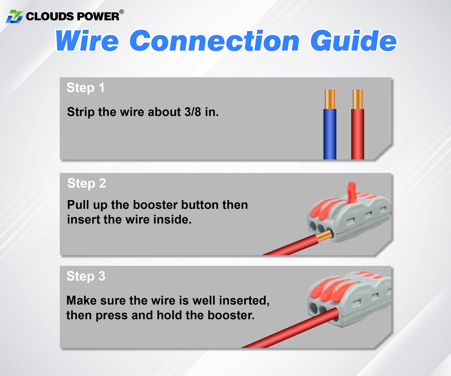 Wire connection guide for clouds power dc-dc voltage reducer with steps and illustrations on a gray background