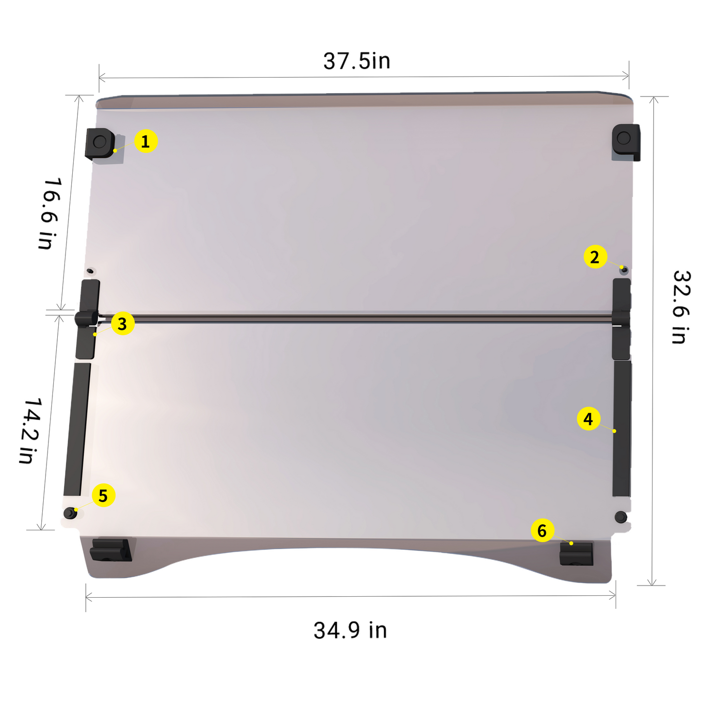 Measurement chart of golf cart windshield with dimensions labeled