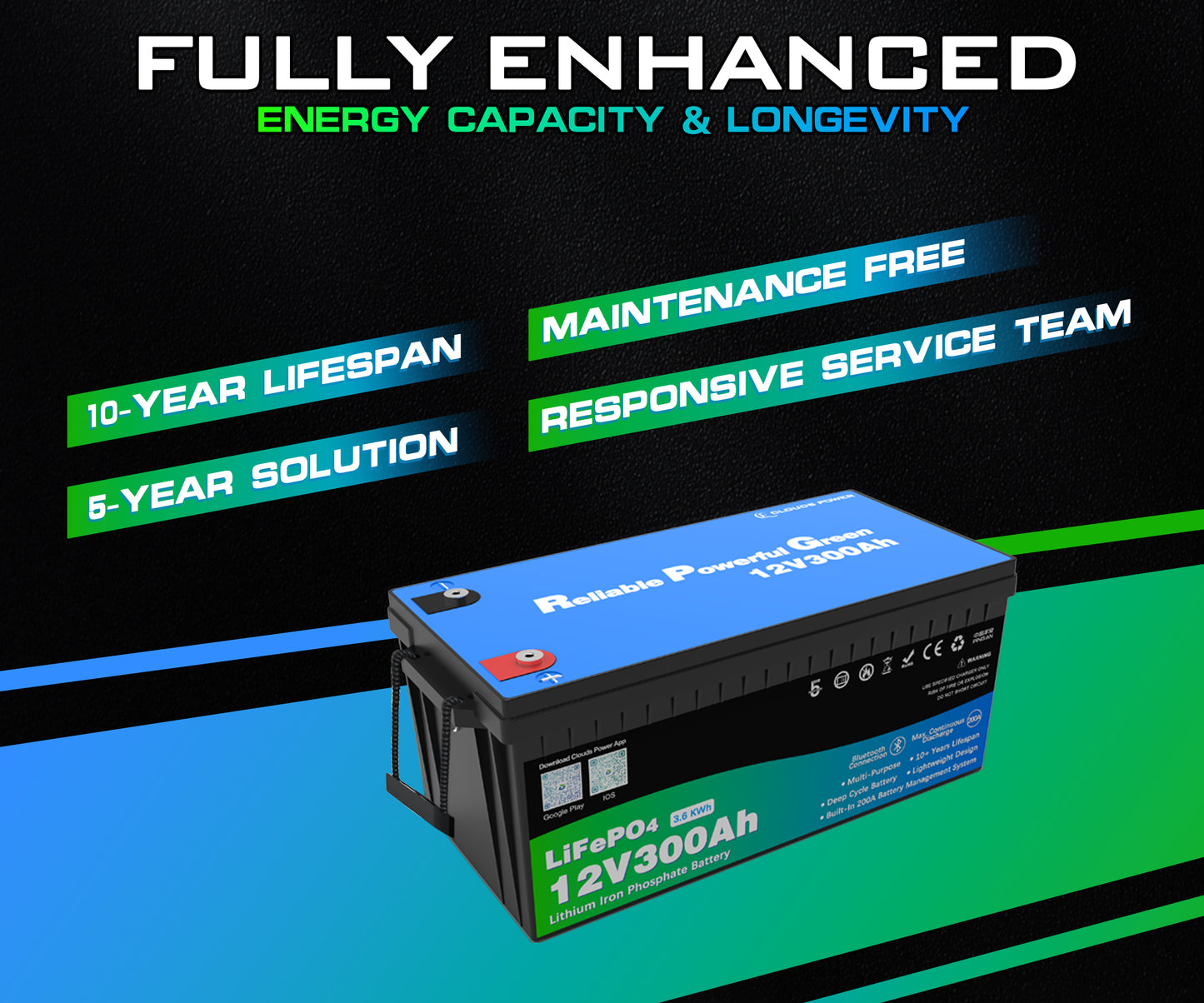 clouds power 12v 300ah multi-purpose lithium battery