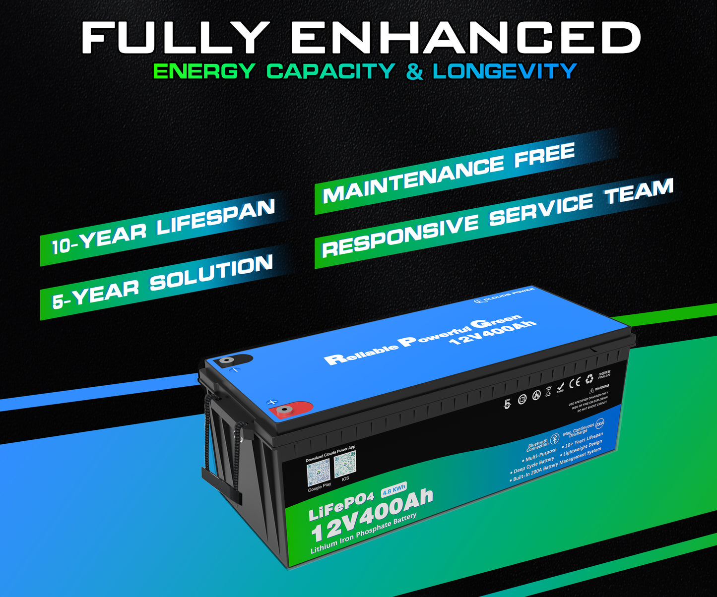 clouds power 12v 400ah multi-purpose lithium battery
