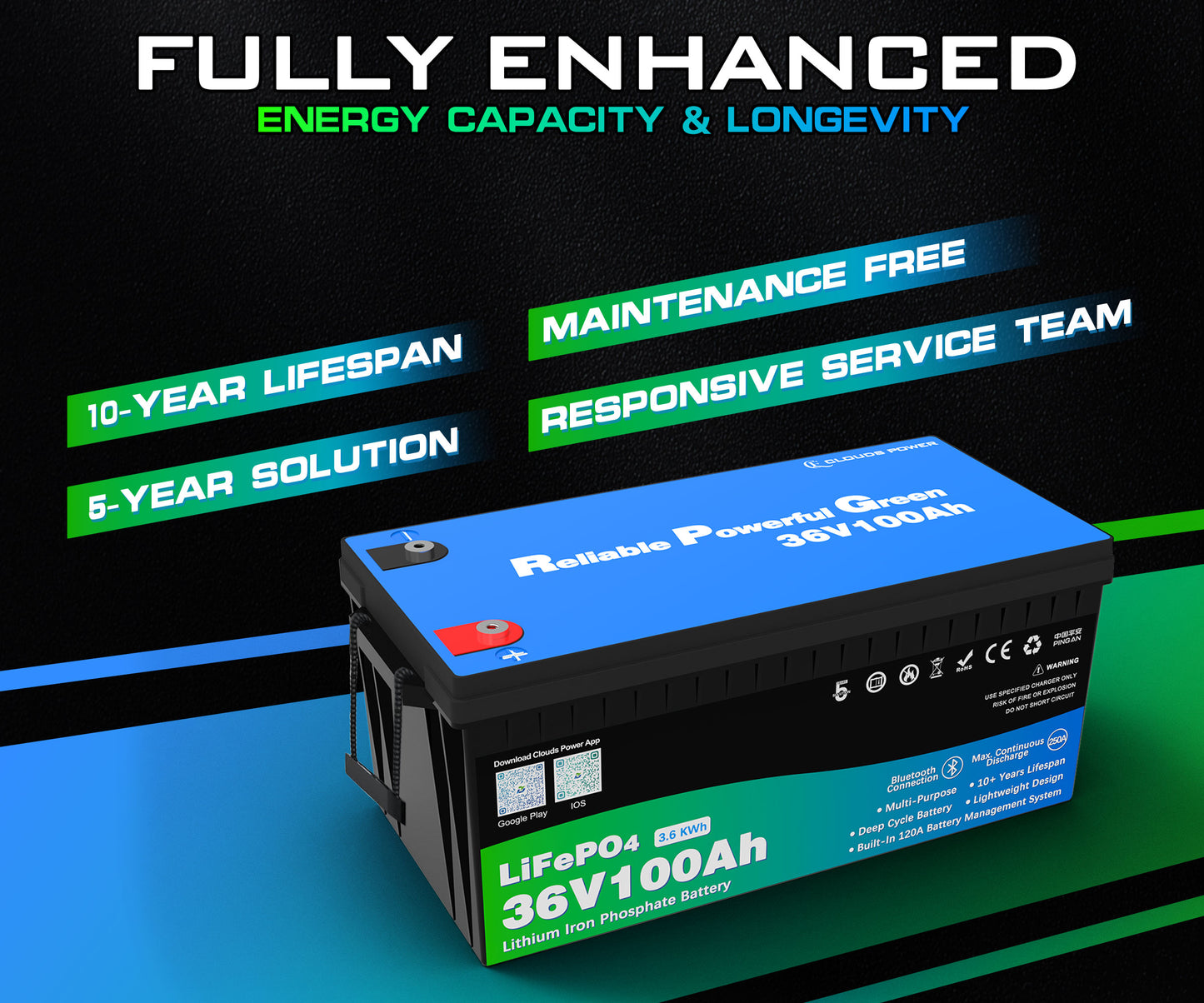 clouds power 36v 100ah multi-purpose lithium battery