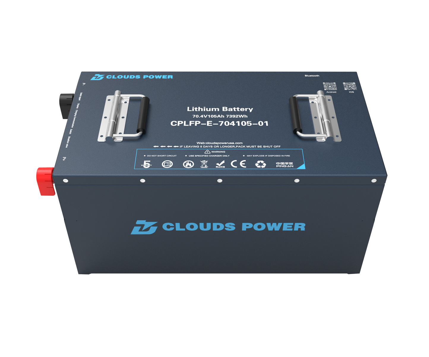 Clouds Power lithium golf cart battery on a white background