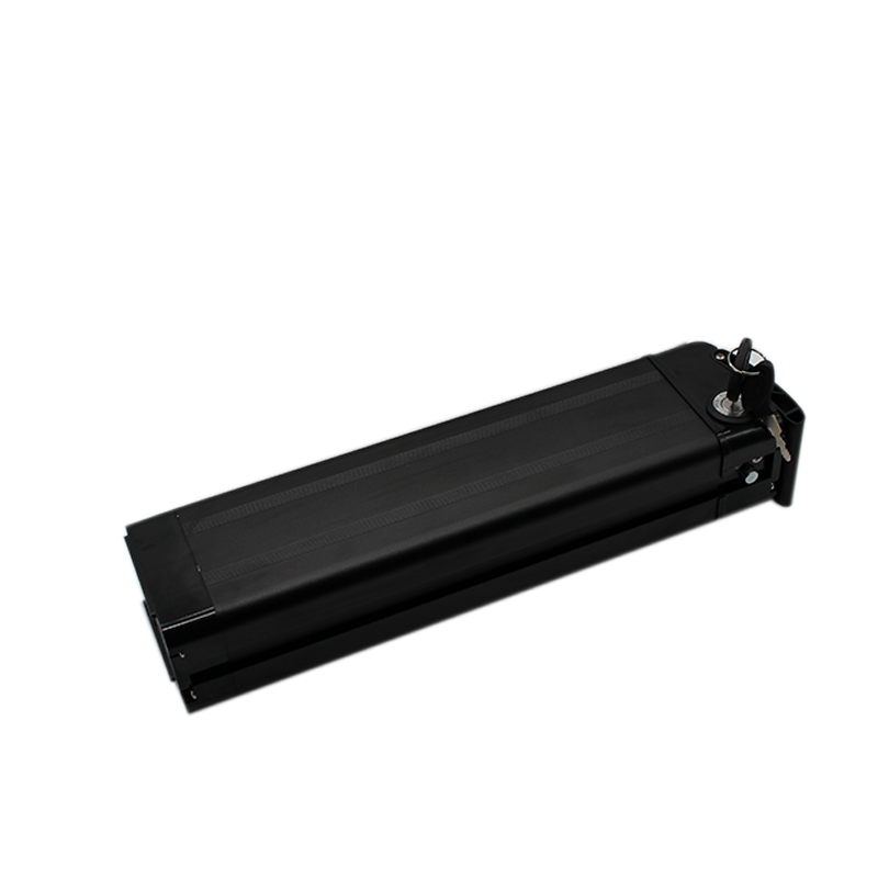 Black ebike 48v battery pack on a white background