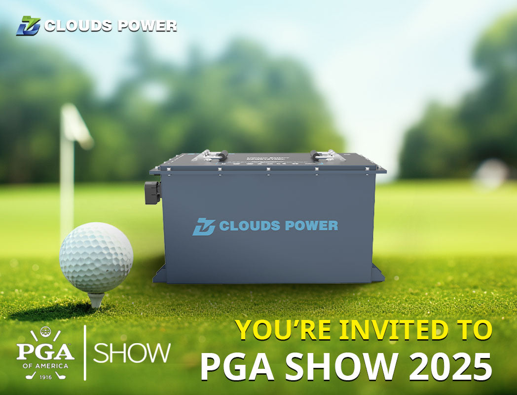 PGA Show 2025, Clouds Power Inc. booth, Smart Golf Electrical System, Lithium Iron Phosphate batteries, IOT technology, Custom golf shirts and hats, James Wang, Ray Zhang, EZGO, golf cart manufacturers, immersive golf course booth