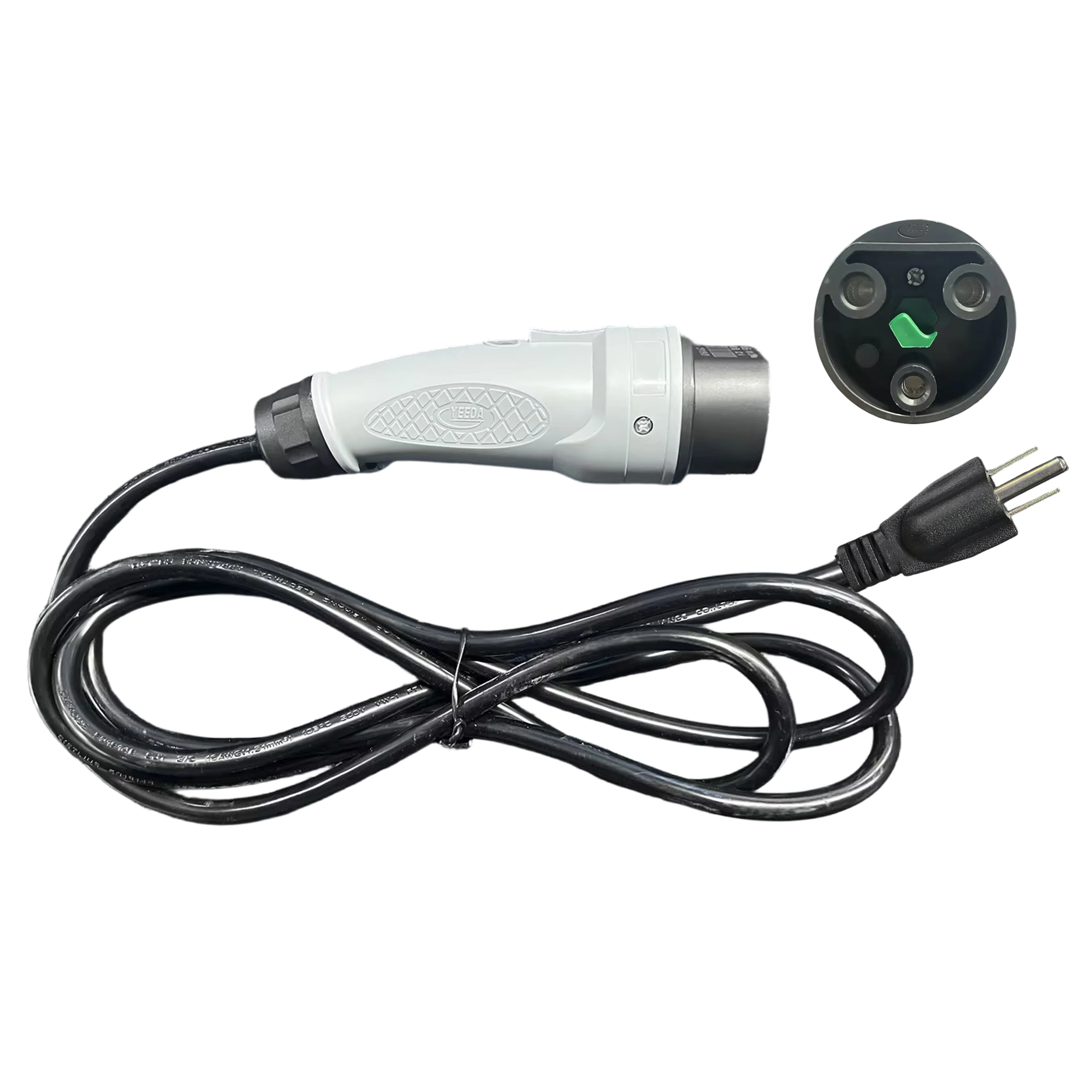 Electric vehicle charging cable with plug and socket on a white background