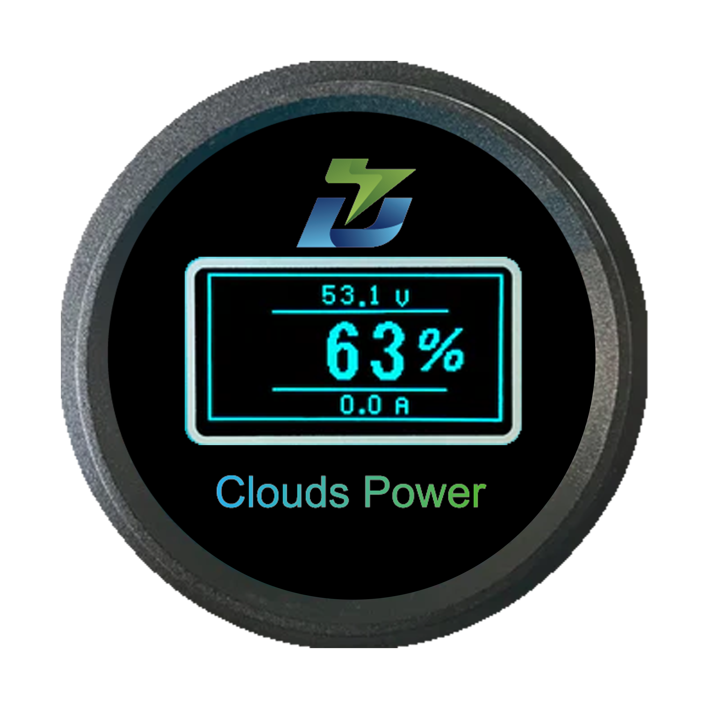 Circular LCD display gauge with 'Clouds Power' branding and readings on a white background