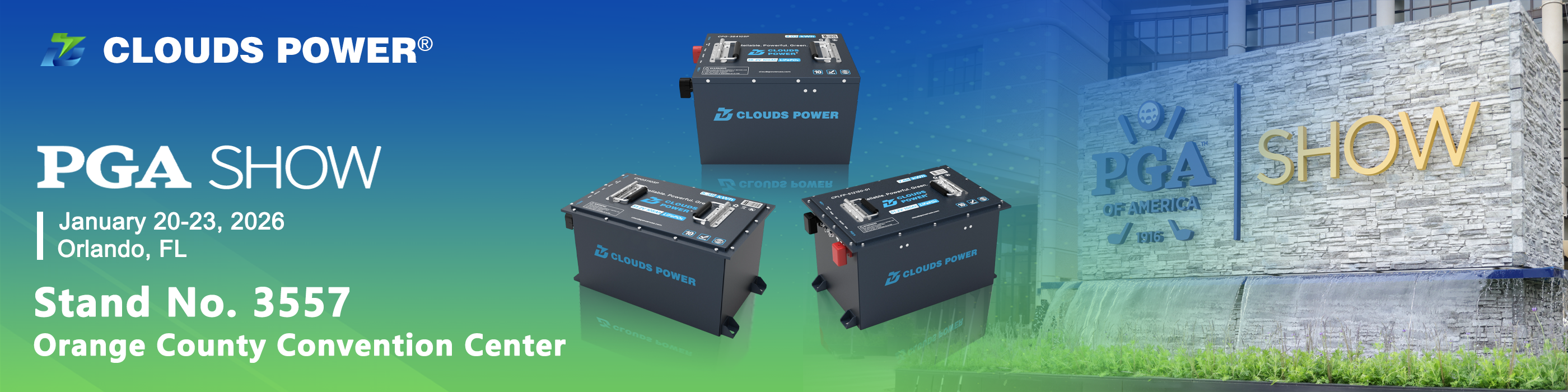 Advertisement for Clouds Power batteries at the PGA Show with battery products and event details.
