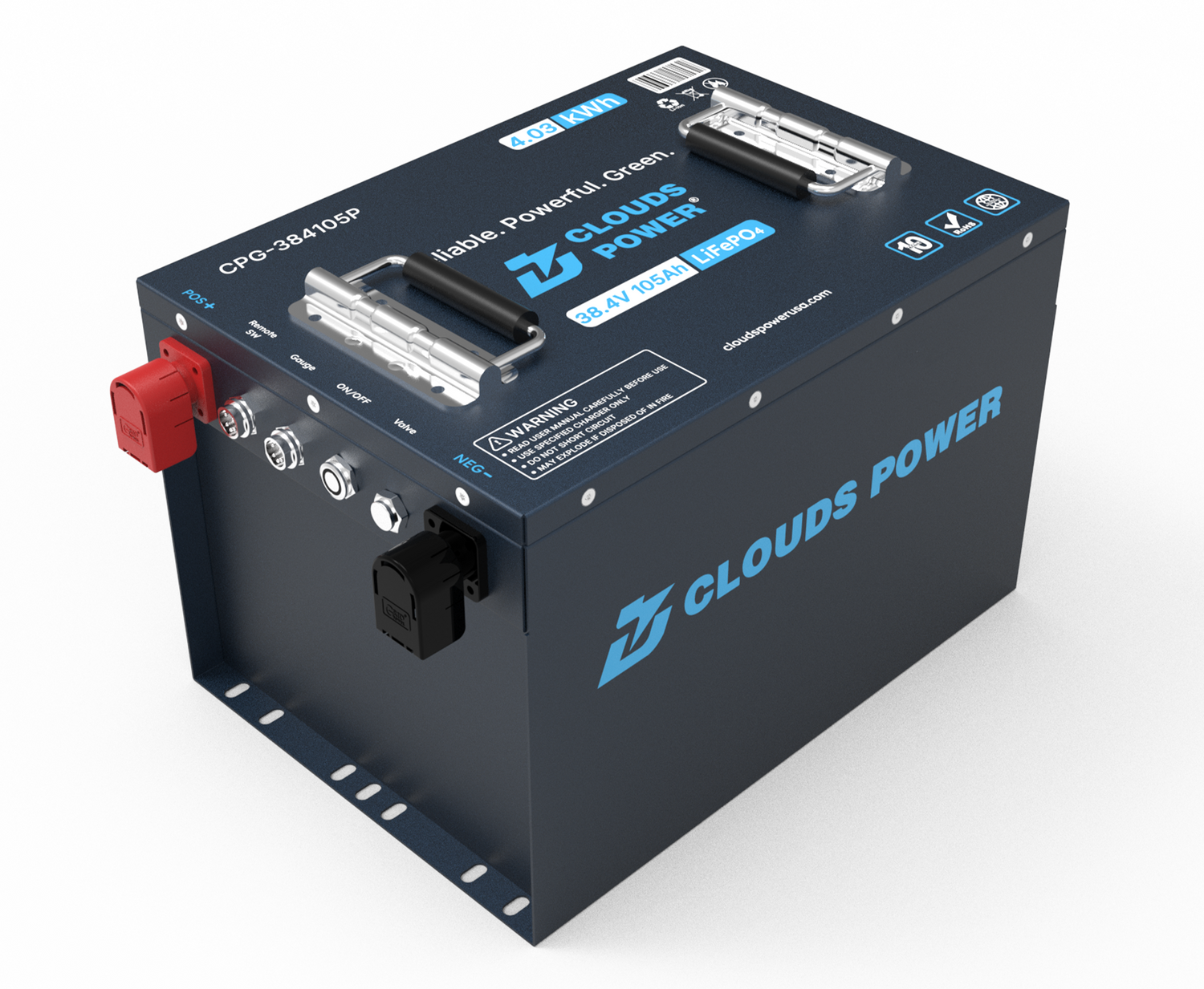 Clouds Power 36v lithium golf cart battery  on a white background