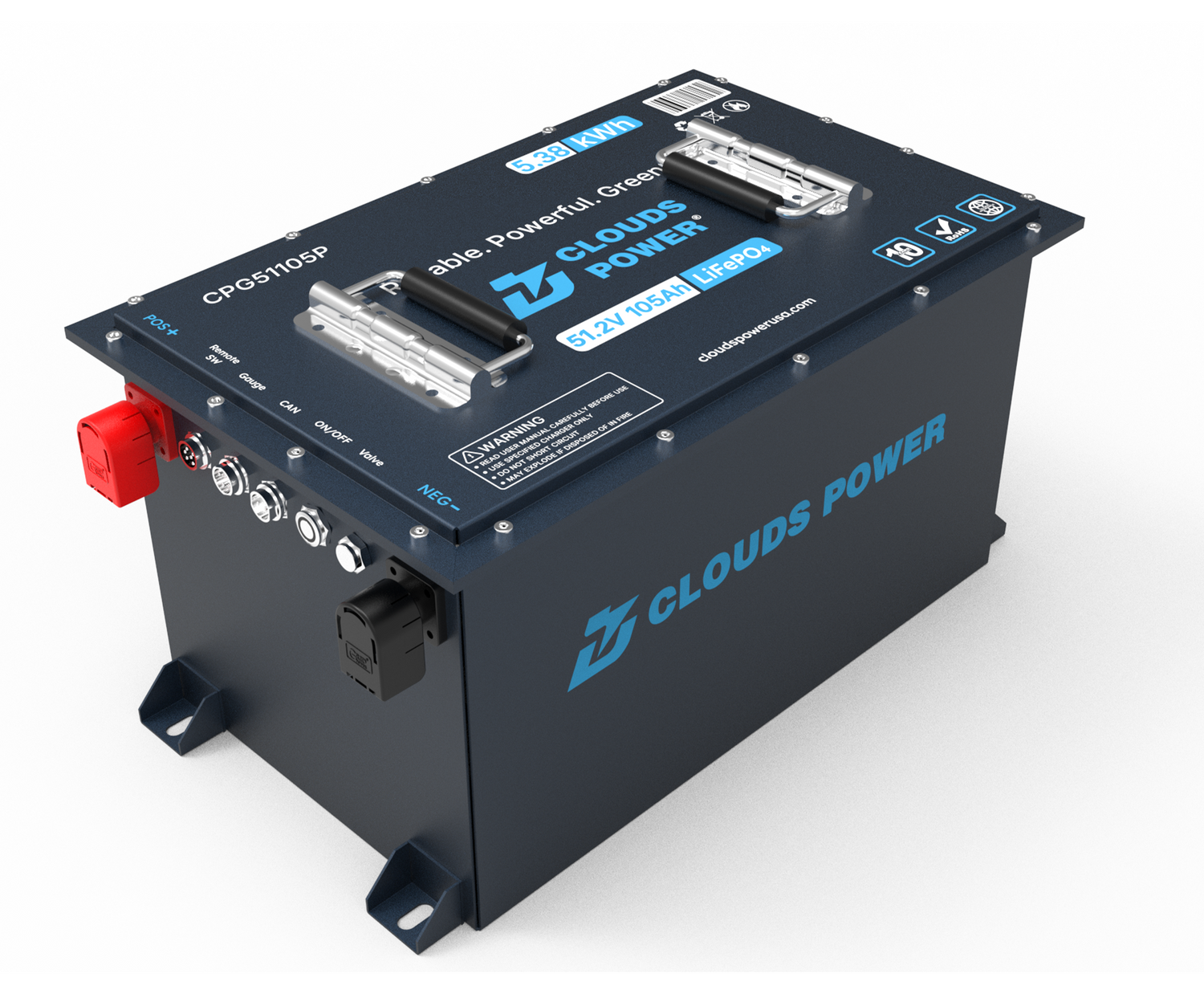 Clouds Power 48v lithium golf cart battery on a white background