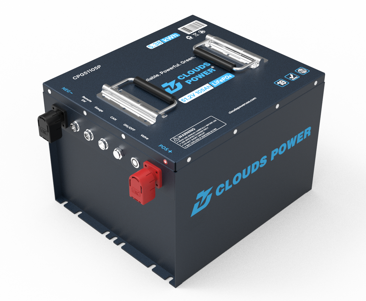 Clouds Power 48v lithium golf cart battery on a white background