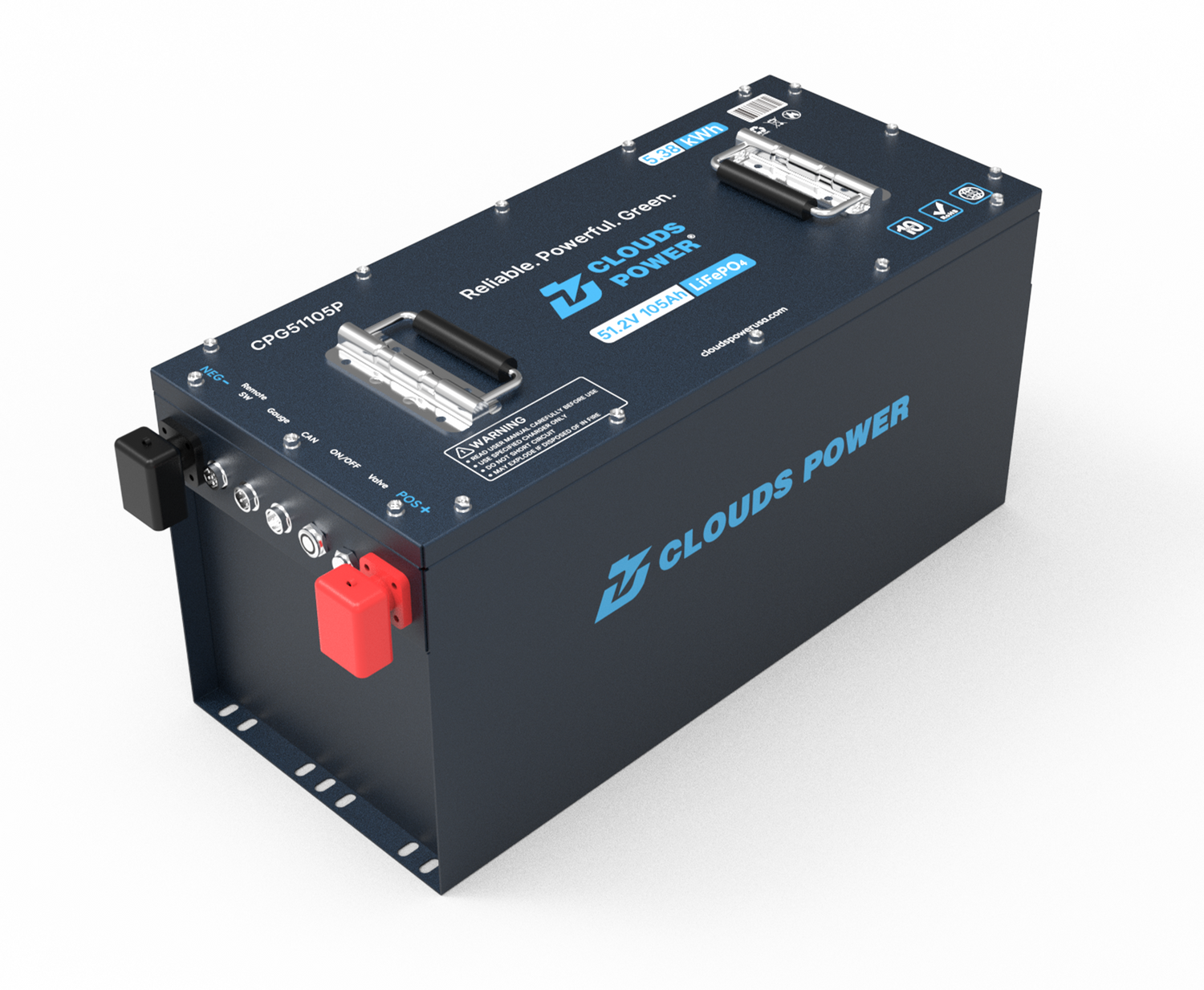 Clouds Power 48v lithium golf cart battery on a white background