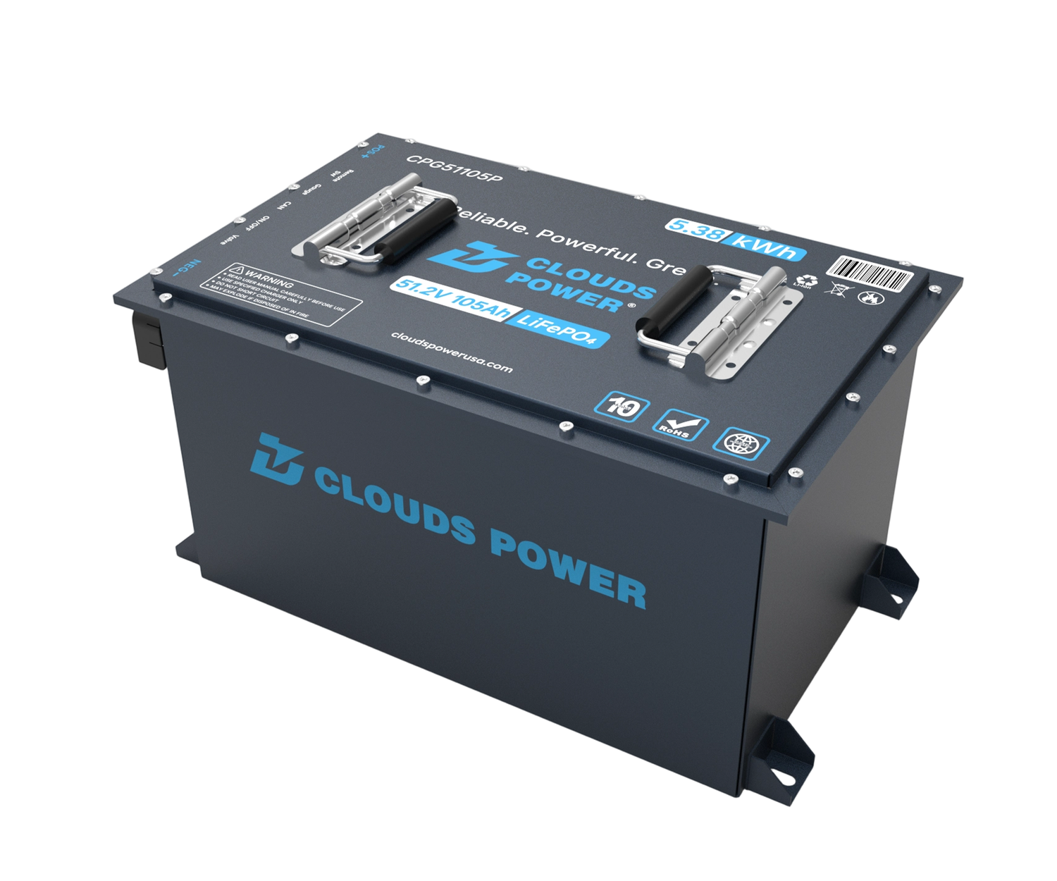 Clouds Power 48v lithium battery for golf cart on a white background