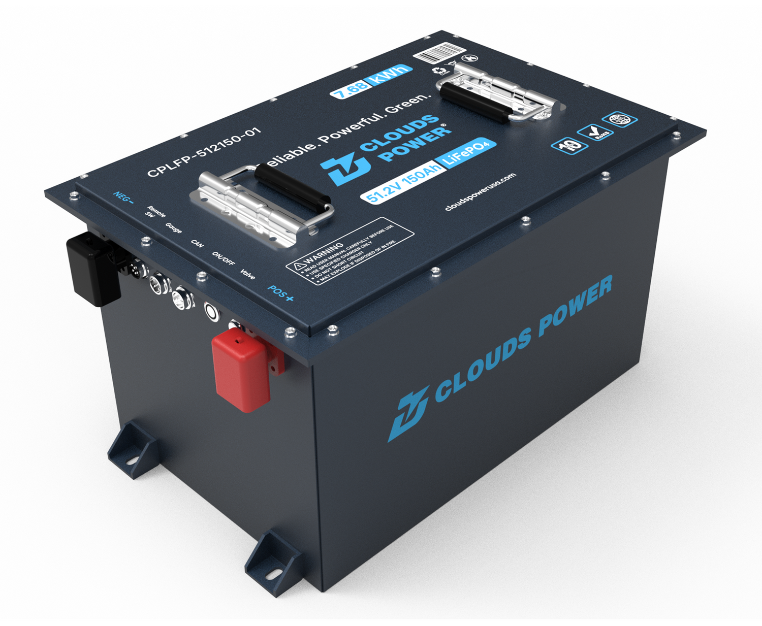 Clouds Power 48v lithium golf cart battery on a white background