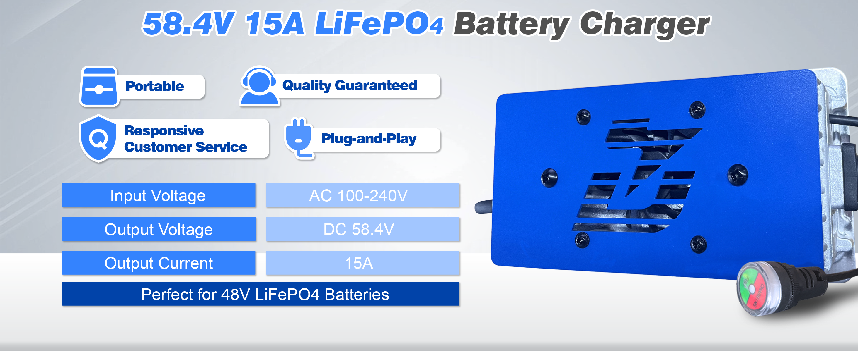 48v clouds power lithium battery charger with specifications on a gray background