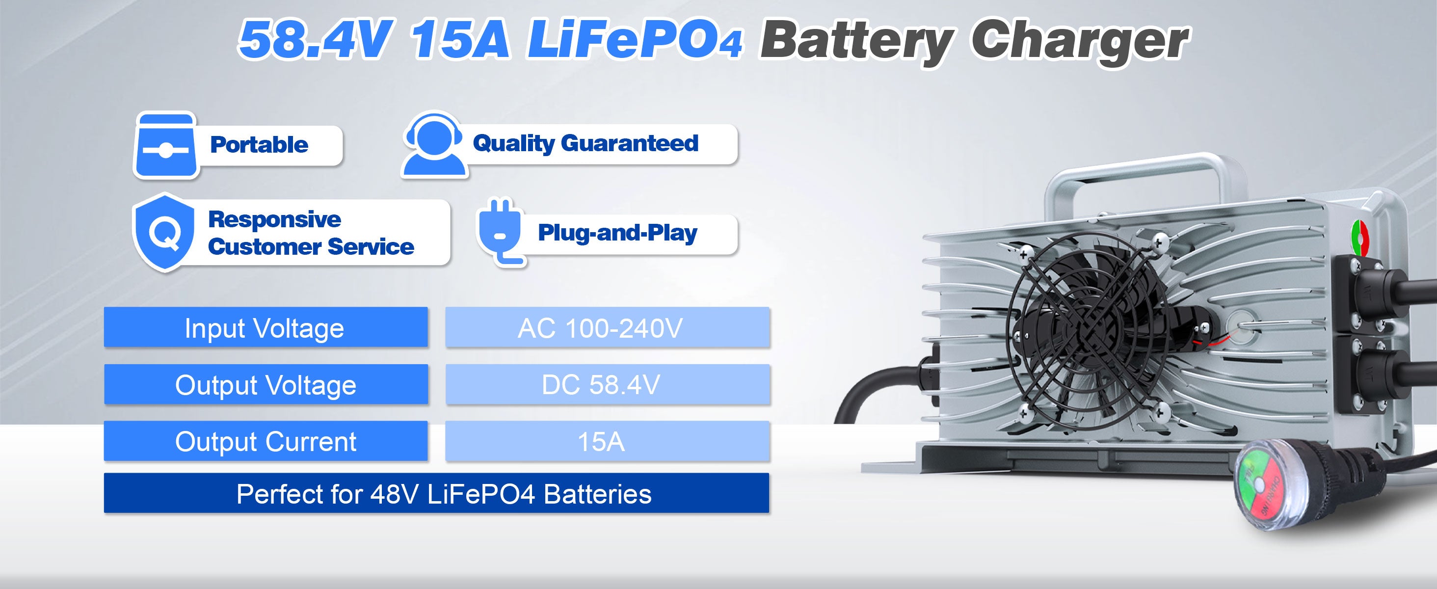 48v 15a lithium golf cart battery charger with specifications on a gray background
