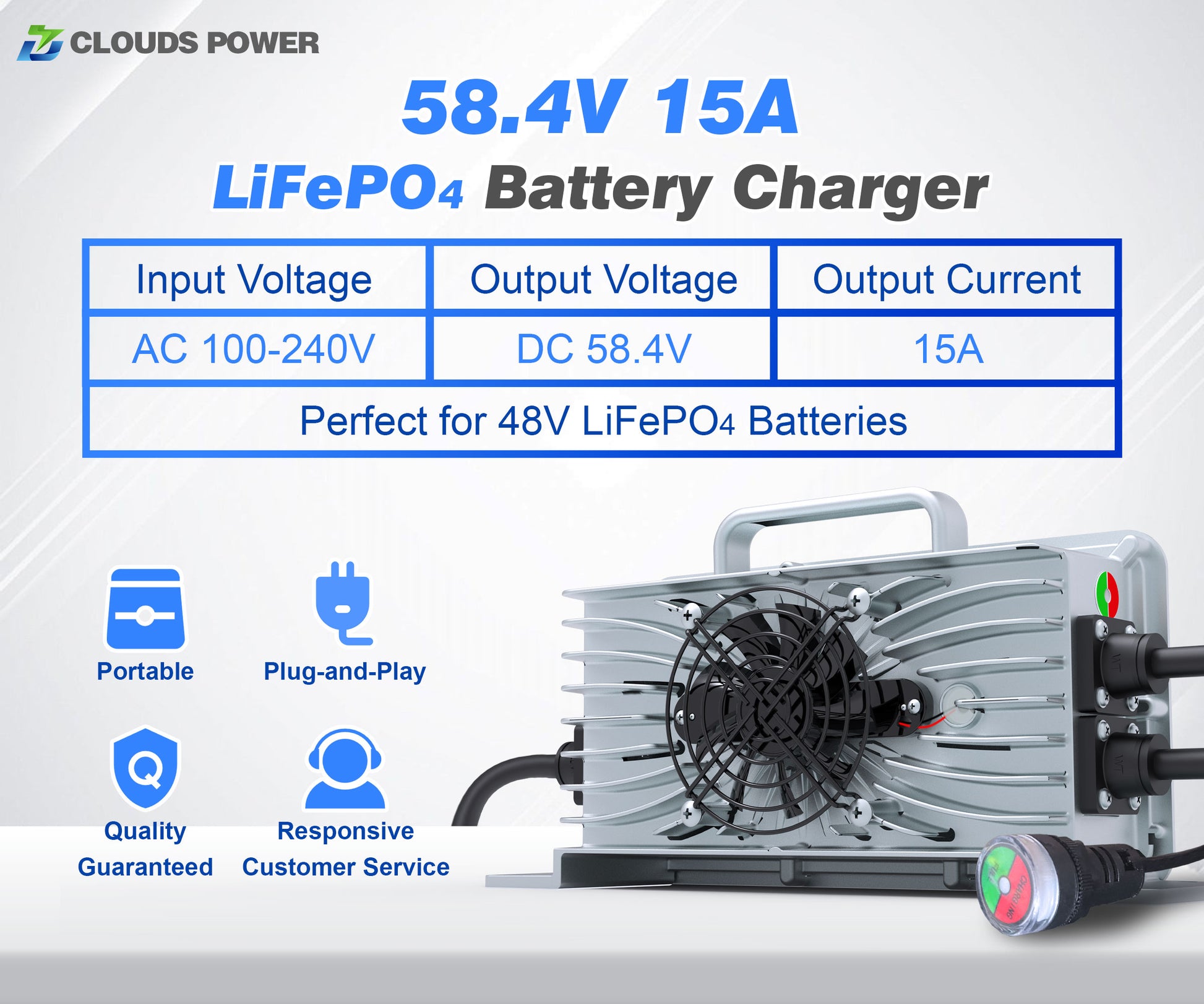 48v 15a lithium golf cart LiFePO4 battery charger with specifications and features on a white background