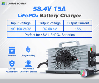 48v 15a lithium golf cart LiFePO4 battery charger with specifications and features on a white background