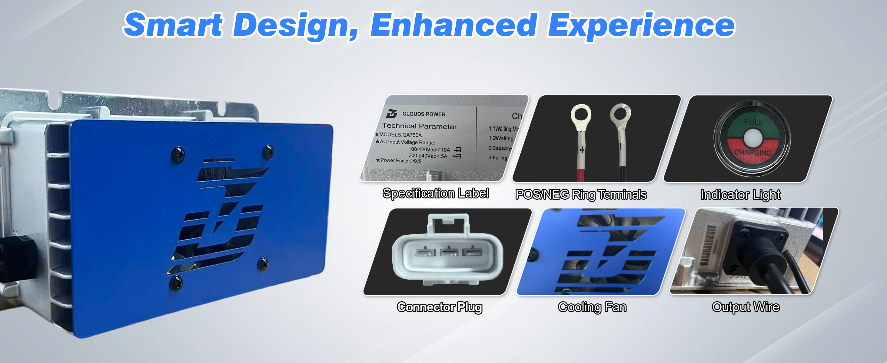 48v lithium battery charger display with various components and labels on a white background, featuring text 'Smart Design, Enhanced Experience'.