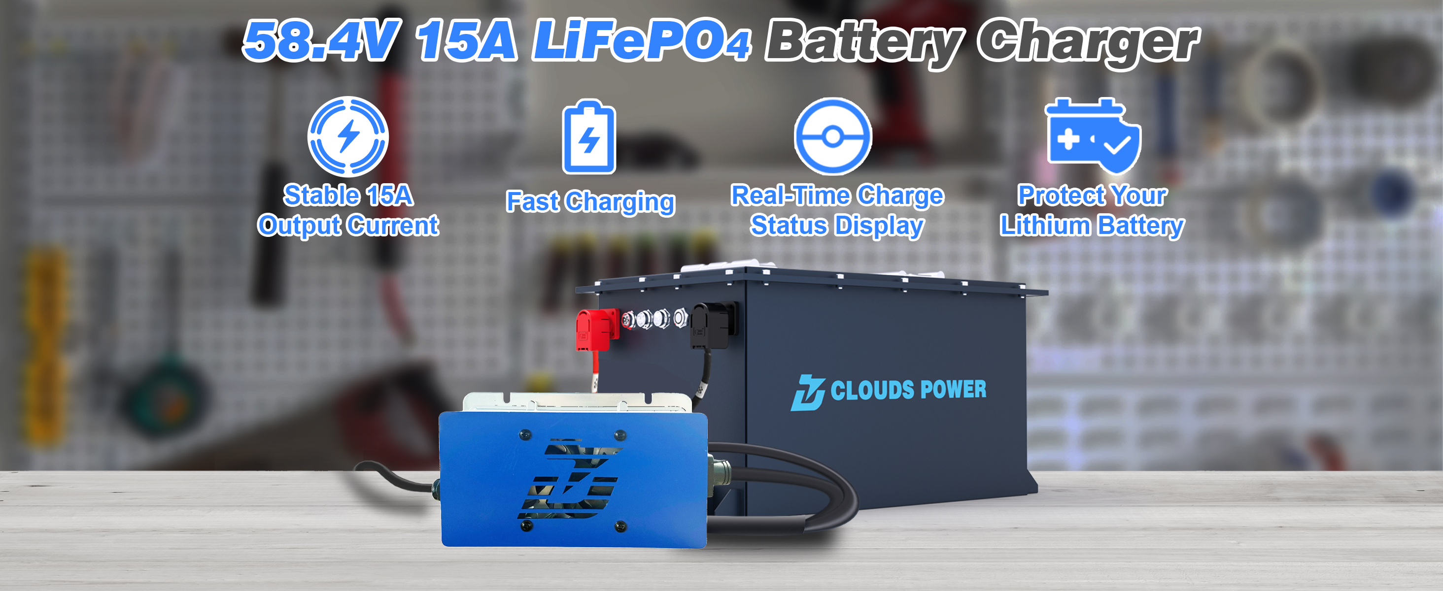 48v lithium Battery charger with features highlighted on a blurred workshop background