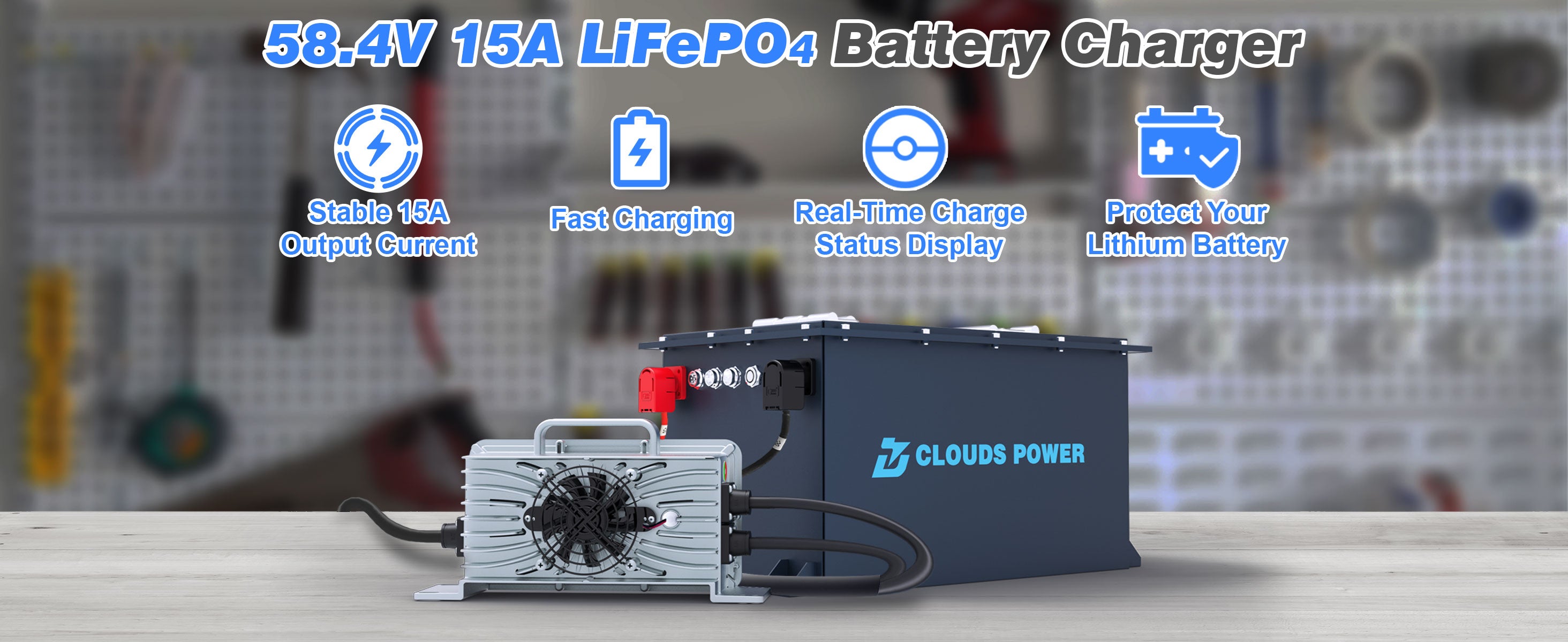 48v 15a lithium golf cart battery charger  with Clouds Power branding on a blurred workshop background