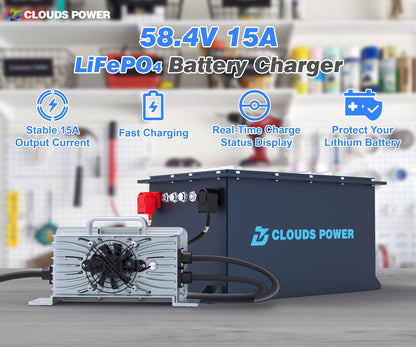 Clouds Power 48v 15a LiFePO4 battery charger with features highlighted on a blurred workshop background
