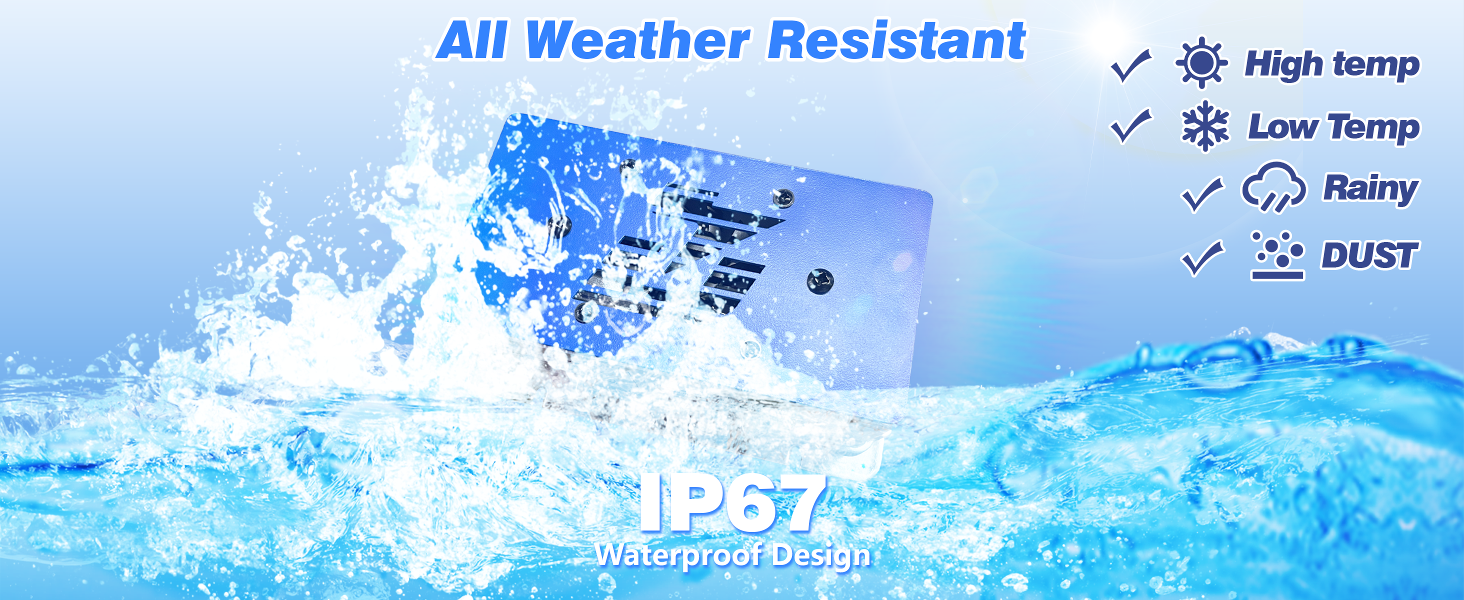 48v lithium battery charger with water splashing around it, labeled 'All Weather Resistant' and 'IP67 Waterproof Design'.