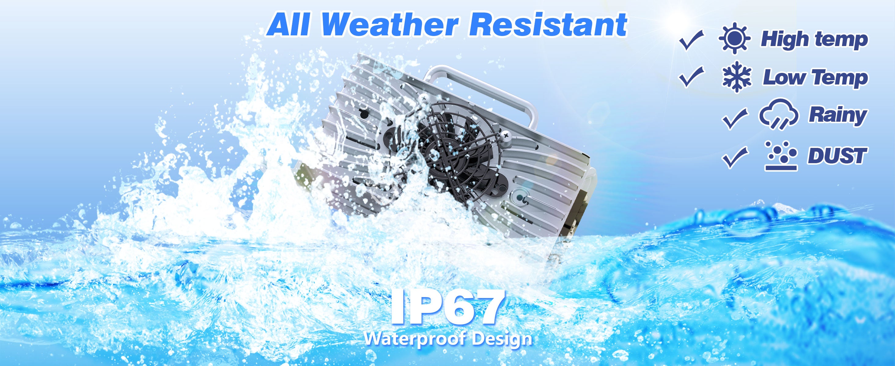 48v 15a lithium golf cart battery charger with water splashing around it, labeled 'All Weather Resistant' and 'IP67 Waterproof Design'.