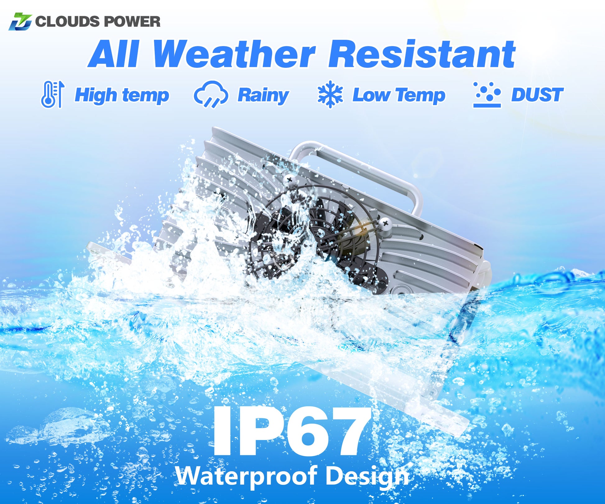 48v 15a lithium golf cart battery charger with 'All Weather Resistant' features and 'IP67 Waterproof Design' on a blue background.
