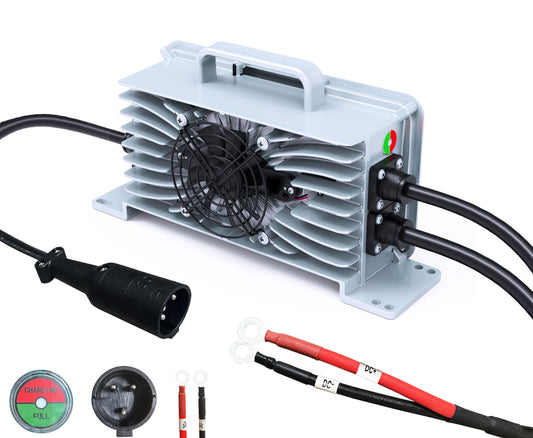 48v 15a lithium golf cart battery charger with connectors on a white background