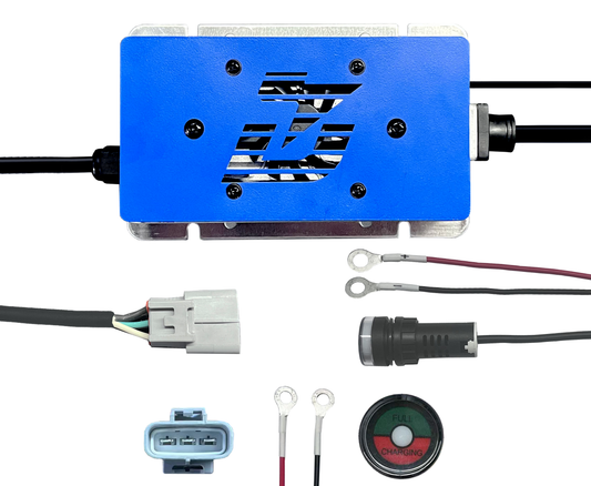 Blue 48V lithium battery charger with wiring harnesses on a white background