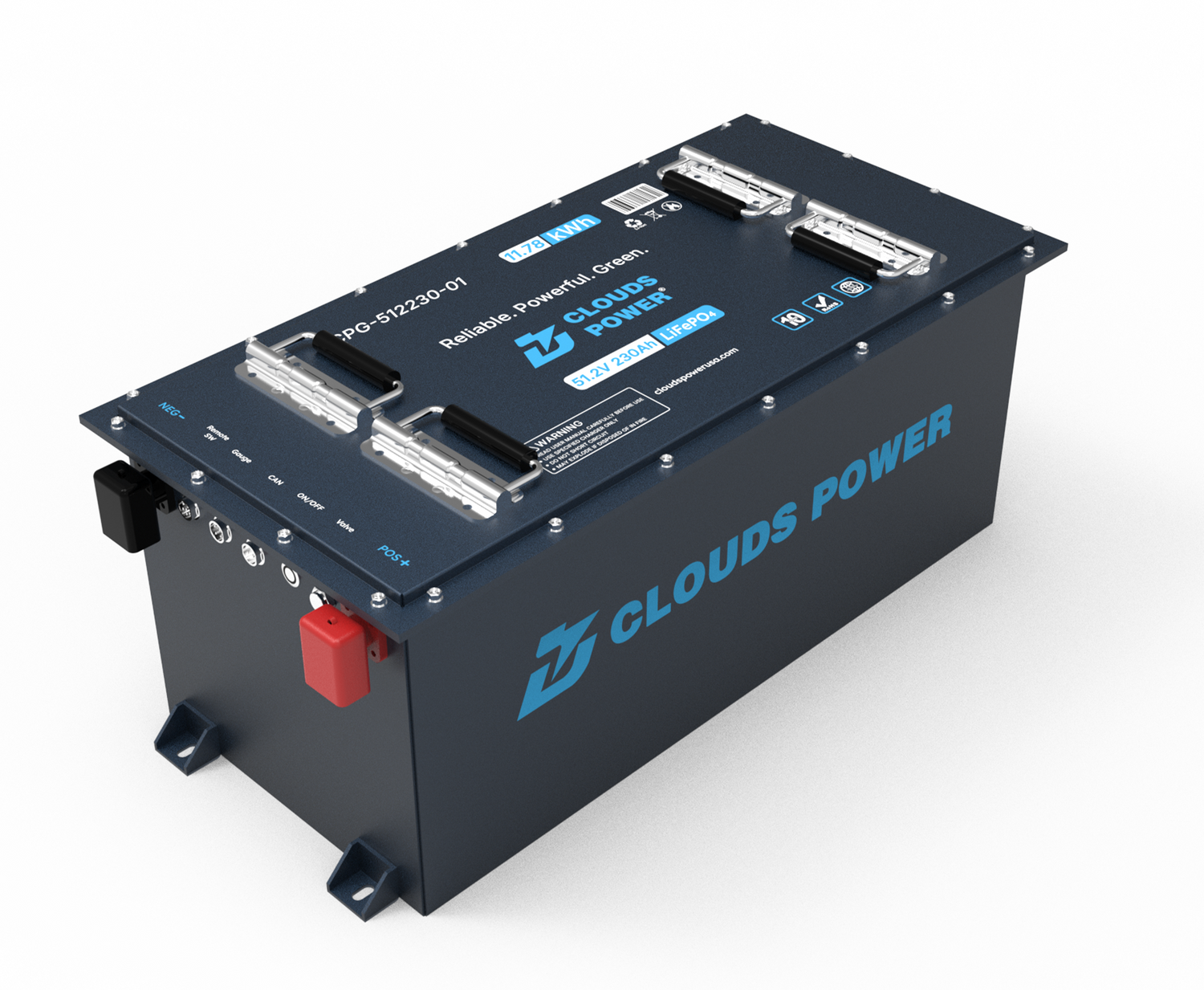 Clouds Power 48v lithium golf cart battery on a white background