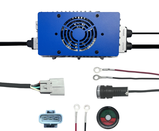 clouds power 48v lithium battery charger with wiring and connectors on a white background