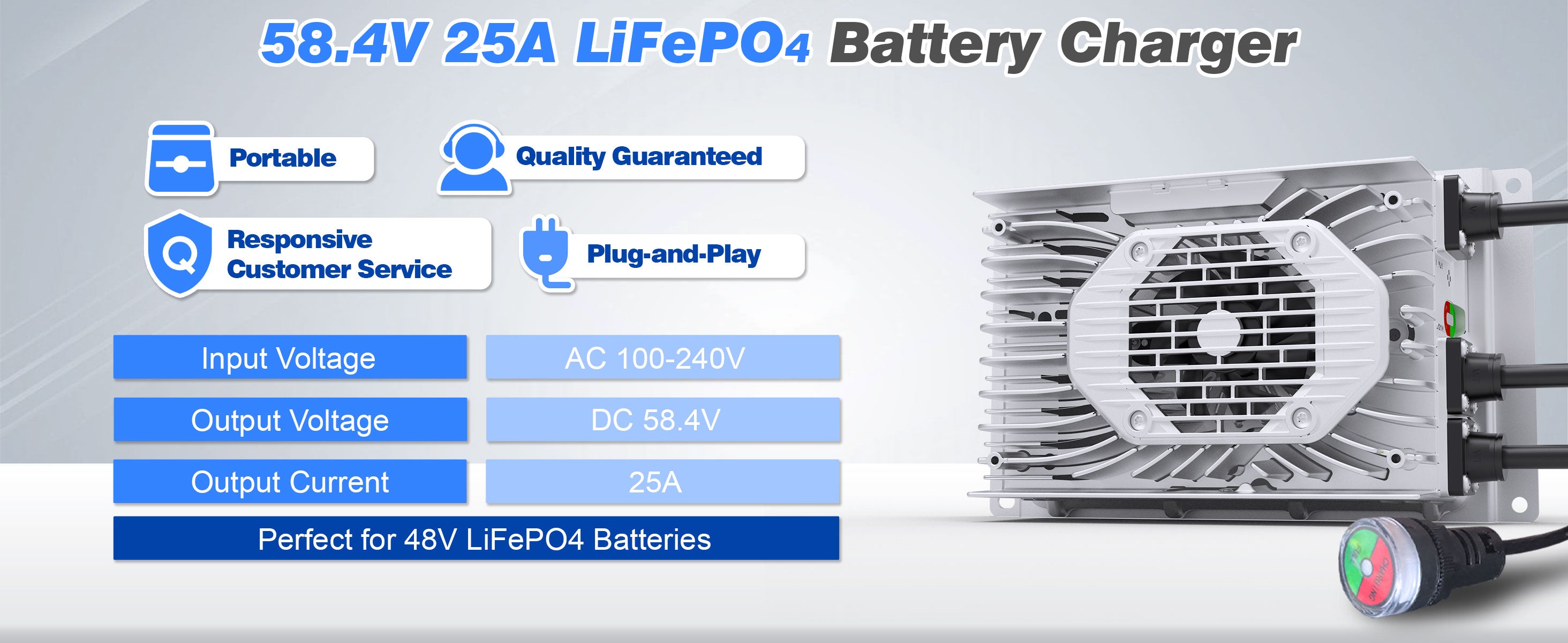 48v 25a lithium golf cart battery charger with specifications on a gray background