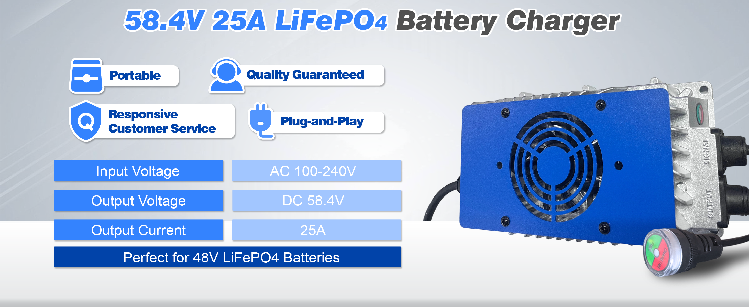 58.4V 25A LiFePO4 battery charger with specifications on a gray background