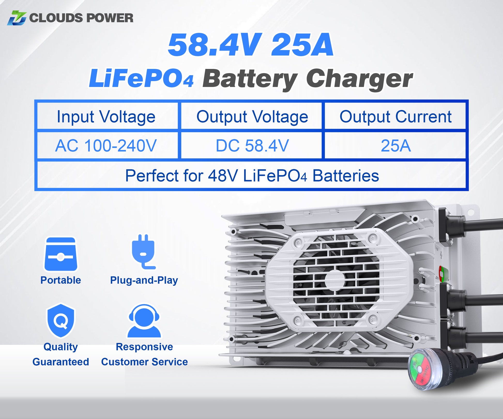 48v 25a lithium golf cart battery charger with specifications on a white background
