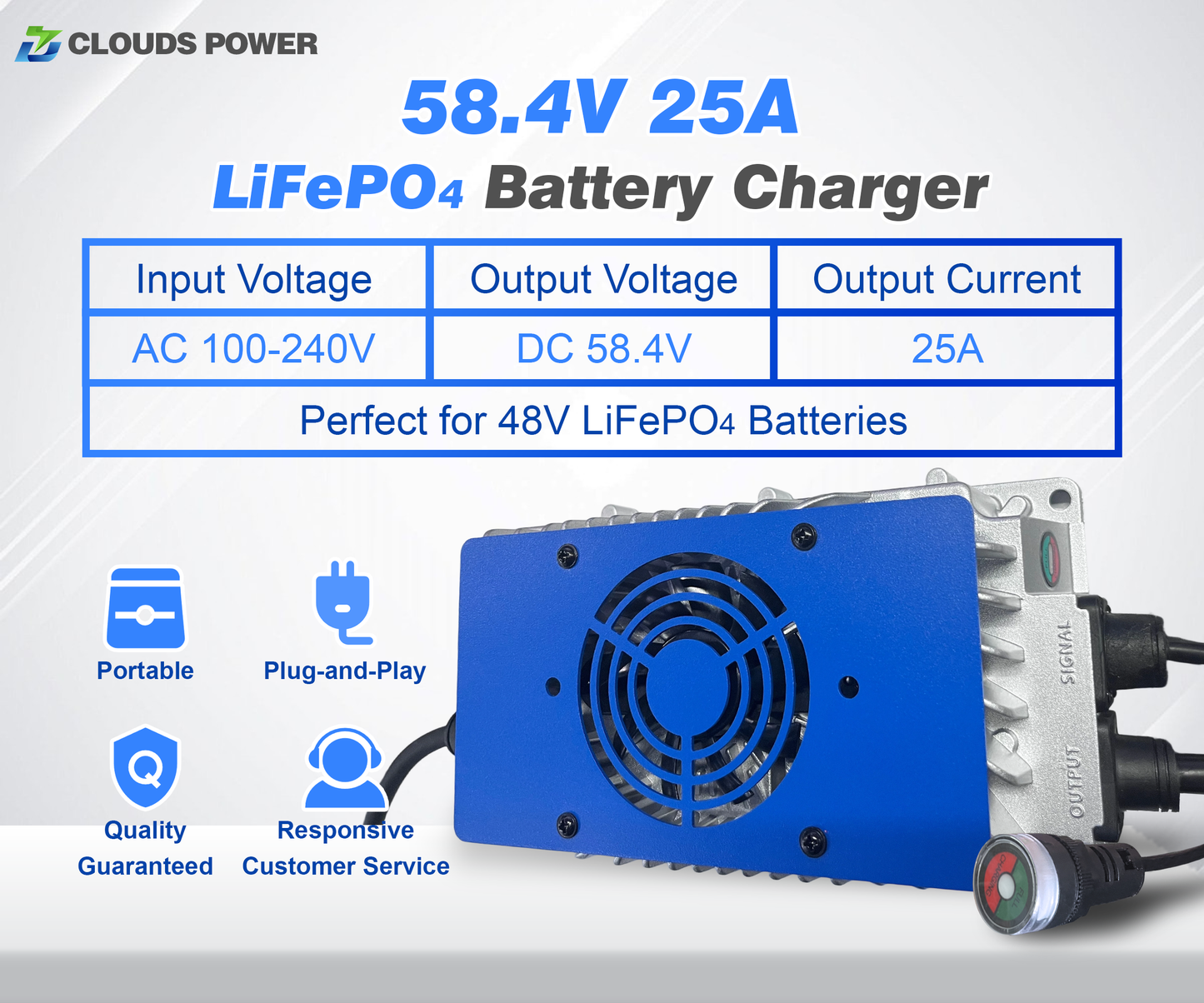 48 volt LiFePO4 battery charger with specifications and features on a white background