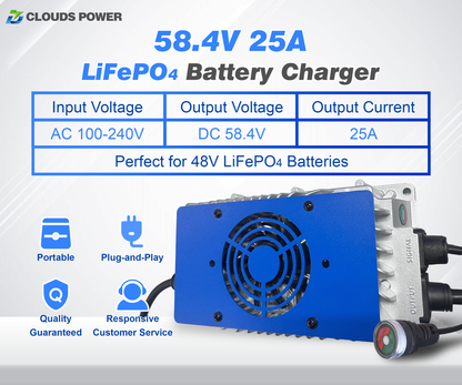 48 volt LiFePO4 battery charger with specifications and features on a white background