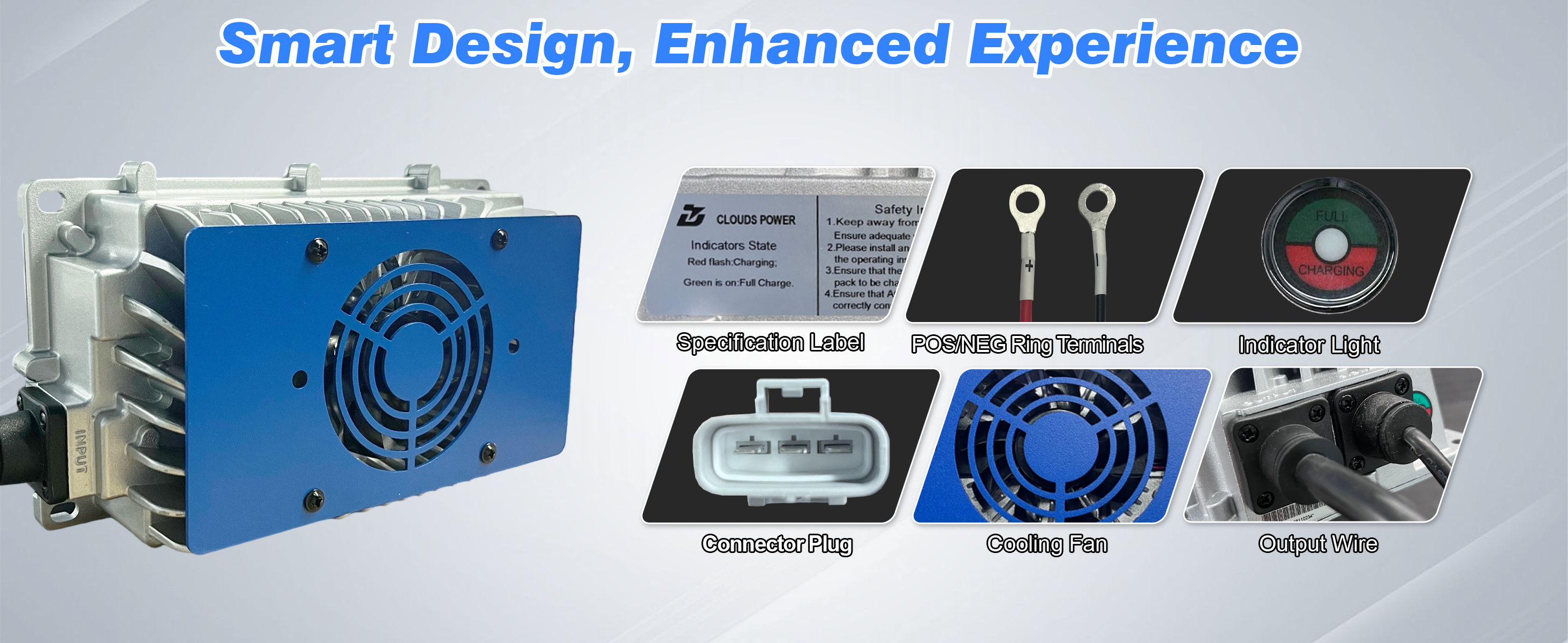components of 48v lithium battery charger with labels and text on a blue background