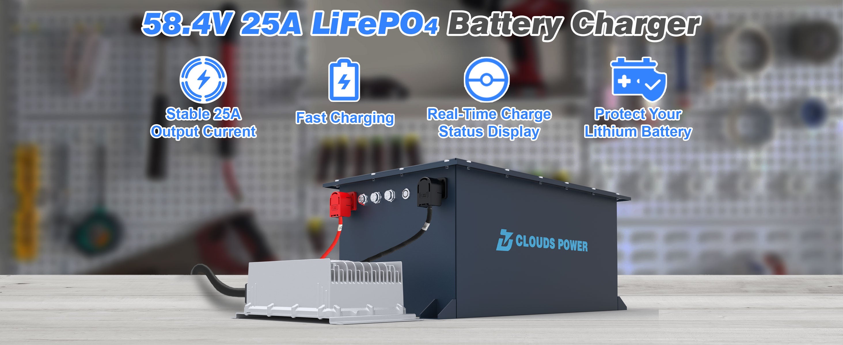 48v 25a lithium golf cart battery charger with Clouds Power branding on a blurred workshop background