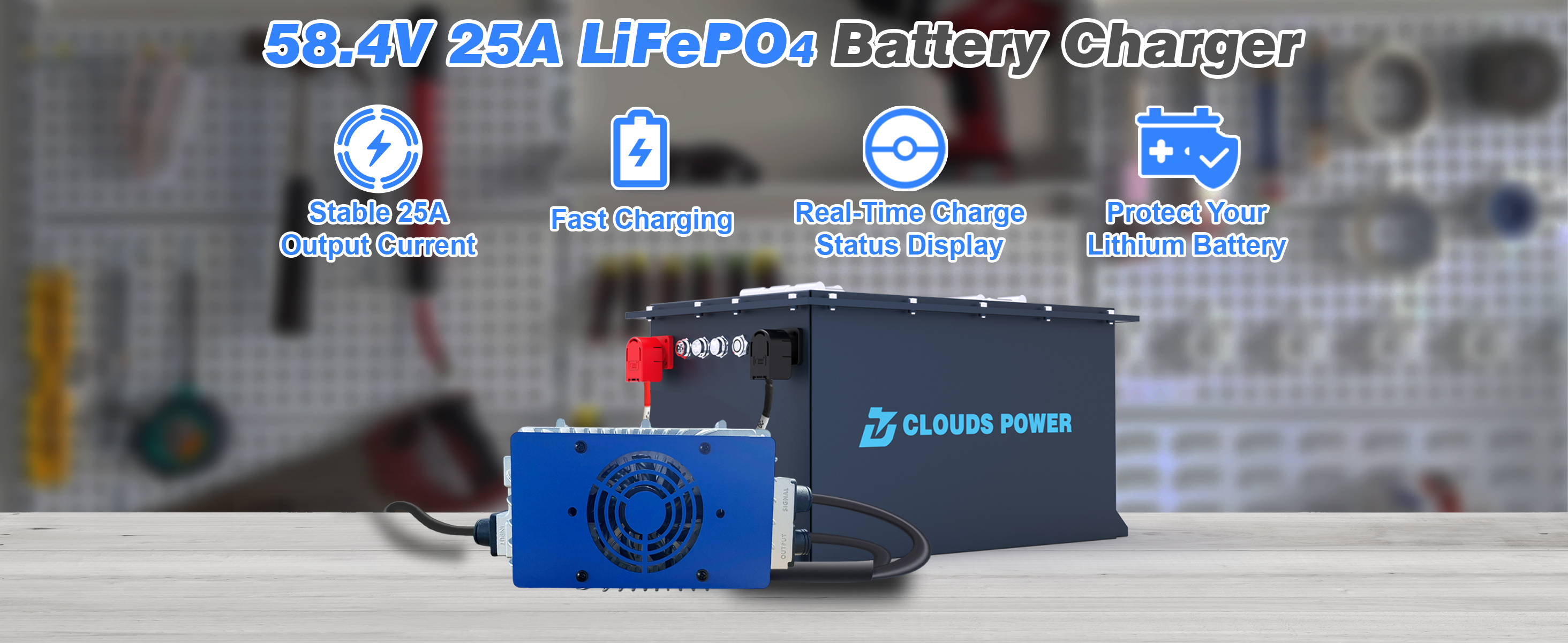 48v Battery charger with Clouds Power branding on a blurred workshop background