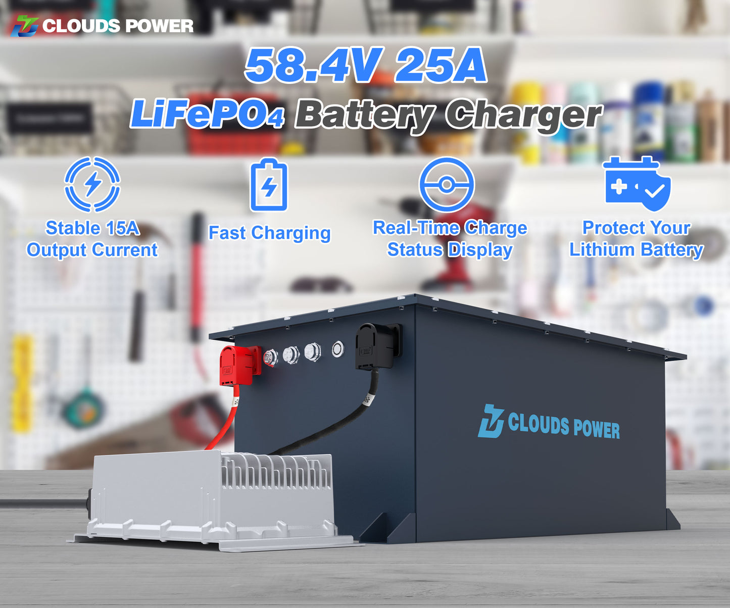 Clouds Power 48v 25a LiFePO4 battery charger with features listed on a blurred workshop background