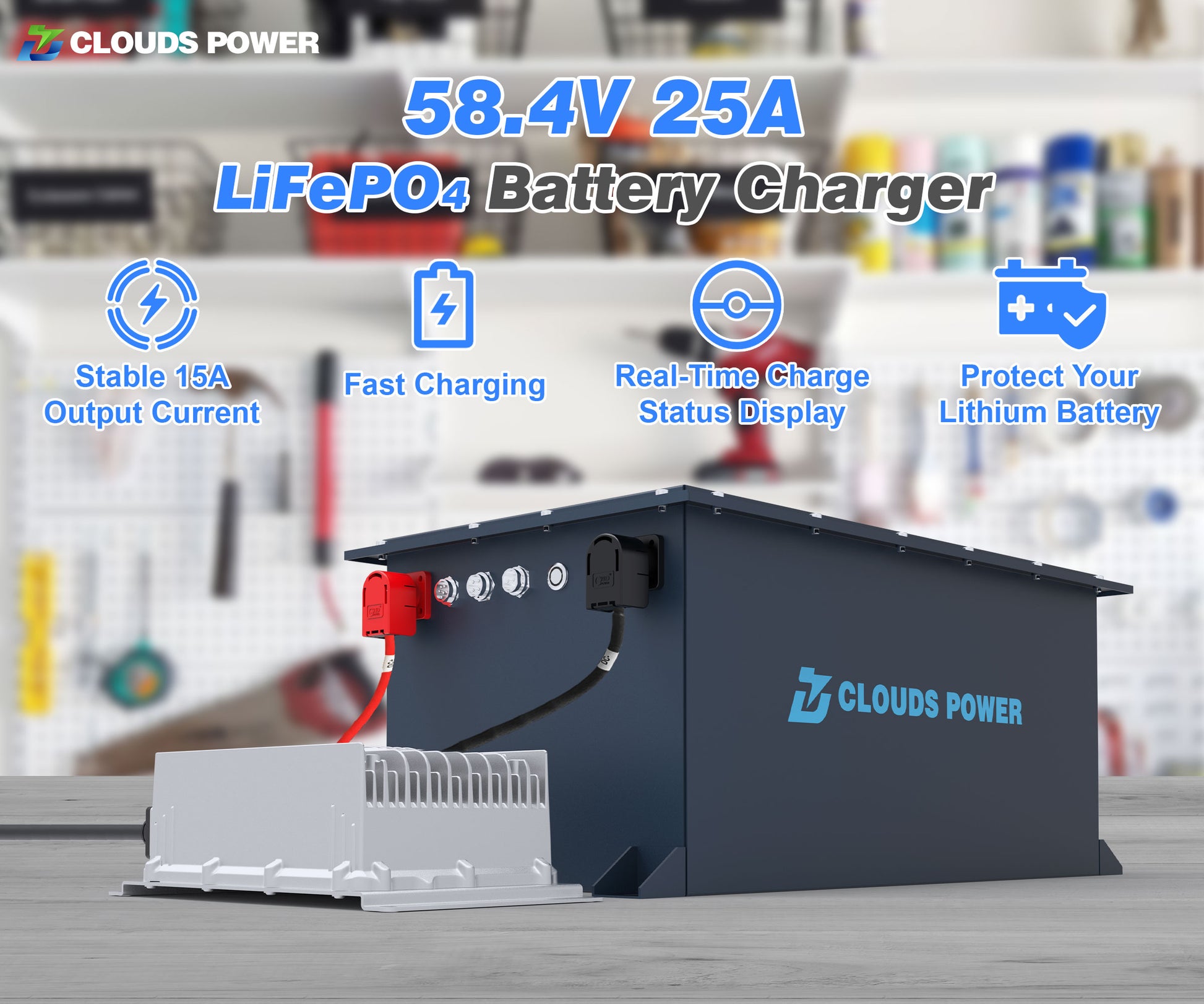 Clouds Power 48v 25a LiFePO4 battery charger with features listed on a blurred workshop background