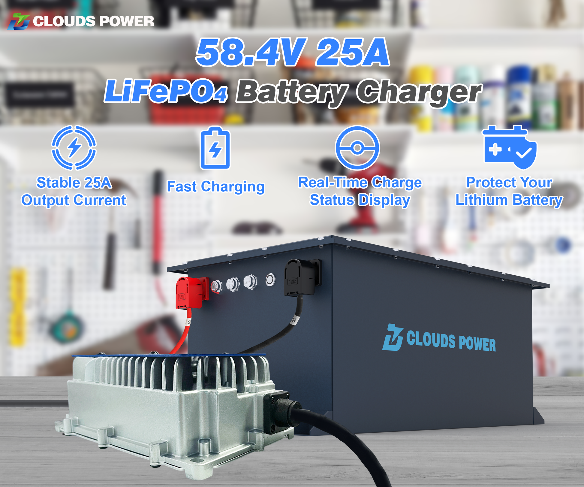 Clouds Power 48v LiFePO4 Battery Charger with features highlighted on a blurred workshop background