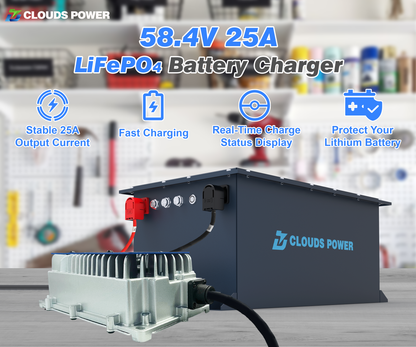 Clouds Power 48v LiFePO4 Battery Charger with features highlighted on a blurred workshop background