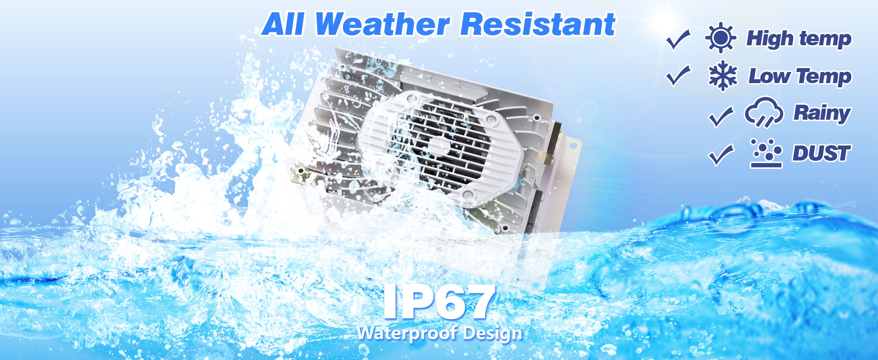 48v 25a lithium golf cart battery charger with water splashes and text indicating all weather resistance and IP67 rating.