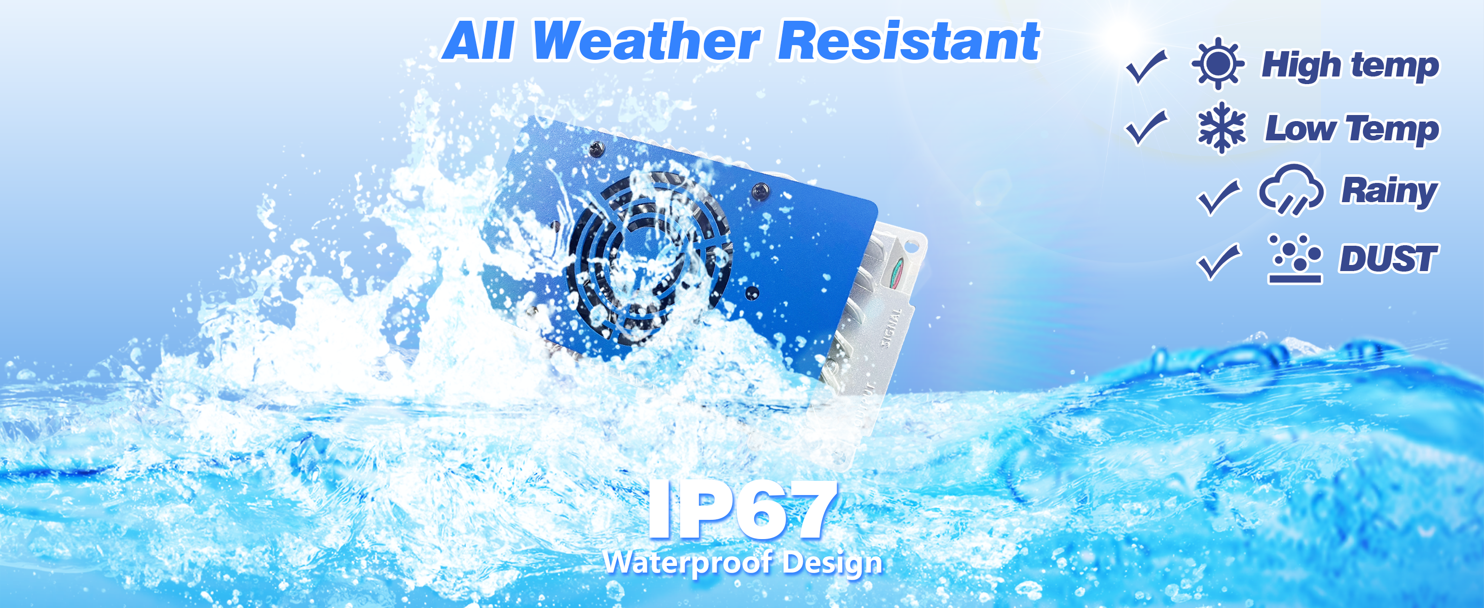 lithium battery charger with water splashing around it, labeled 'All Weather Resistant' and 'IP67 Waterproof Design'.